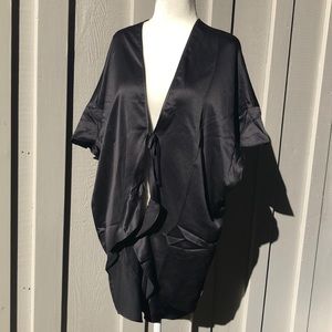 NWT Black Satin Kimono Style Robe W/Flutter Detail